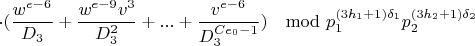 $$\cdot(\frac{w^{e-6}}{D_3}+\frac{w^{e-9}v^3}{D_3^2}+...+\frac{v^{e-6}}{D_3^{Ce_0-1}})\mod p_1^{(3h_1+1)\delta_1}p_2^{(3h_2+1)\delta_2}$$