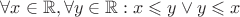 $\forall x\in \mathbb{R}, \forall y \in \mathbb{R}: x \leqslant y \vee y \leqslant x$