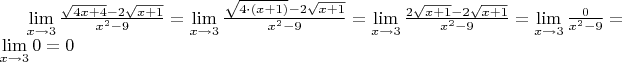$ \lim\limits_{x \to 3} \frac{\sqrt{4x+4}-2 \sqrt{x+1}}{x^2-9} =  \lim\limits_{x \to 3} \frac{\sqrt{4\cdot(x+1)}-2 \sqrt{x+1}}{x^2-9}=  \lim\limits_{x \to 3} \frac{2\sqrt{x+1}-2 \sqrt{x+1}}{x^2-9}=  \lim\limits_{x \to 3} \frac{0}{x^2-9} =\lim\limits_{x \to 3} 0 = 0$