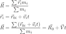 $$
\begin{align}
\vec{R}&=\frac{\sum \vec{r}_i m_i}{\sum m_i}\\
\vec{r}_i&=\vec{r}_{0i}+\vec{v}_it\\
\vec{R}&=\frac{\sum \left(\vec{r}_{0i}+\vec{v}_it\right)}{\sum m_i}=\vec{R_0}+\vec{V}t
\end{align}
$$
