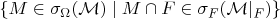 $\{M\in\sigma_\Omega(\mathcal M)\mid M\cap F\in\sigma_F(\mathcal M|_F)\}$