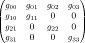 $\begin{pmatrix} g_{00} & g_{01} &g_{02} &g_{03}\\ g_{10} & g_{11} & 0 &0 \\g_{21} & 0 & g_{22} & 0 \\ g_{31} &0 &0&g_{33} \end{pmatrix} $