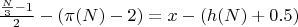 $\frac{\frac{N}{3} - 1}{2} - (\pi(N) - 2) = x - \left( h(N) + 0.5 \right)$