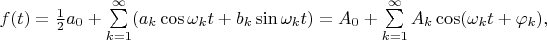 $f(t)=\frac 1 2 a_0+\sum\limits_{k=1}^\infty(a_k\cos\omega_k t+b_k\sin\omega_k t)=A_0+\sum\limits_{k=1}^\infty A_k\cos(\omega_k t+\varphi_k),$
