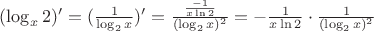 $(\log_x 2)^\prime = (\frac{1}{\log_2 x})^\prime = \frac{\frac{-1}{x\ln 2}}{(\log_2 x)^2} = -\frac{1}{x\ln 2}\cdot\frac{1}{(\log_2 x)^2}$