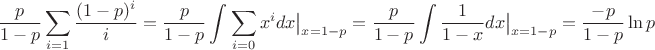 $$\frac p{1-p}\sum\limits_{i=1}\frac {(1-p)^i}{i}=\frac p{1-p}\int\sum\limits_{i=0}x^idx\big |_{x=1-p}=\frac p{1-p}\int\frac1{1-x}dx\big |_{x=1-p}=\frac {-p}{1-p}\ln p$$