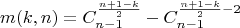 $$m(k,n) = C_{n-1}^{\frac {n+1-k}{2}} - C_{n-1}^{\frac {n+1-k}{2}-2}$$