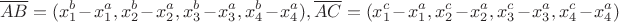 \[
\overline {AB}  = (x_1^b  - x_1^a ,x_2^b  - x_2^a ,x_3^b  - x_3^a ,x_4^b  - x_4^a ),\overline {AC}  = (x_1^c  - x_1^a ,x_2^c  - x_2^a ,x_3^c  - x_3^a ,x_4^c  - x_4^a )
\]