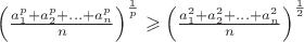$\left(\frac{a_1^{p}+a_2^{p}+\ldots+a_n^{p}}{n}\right)^\frac{1}{p}\geqslant\left(\frac{a_1^{2}+a_2^{2}+\ldots+a_n^{2}}{n}\right)^\frac{1}{2}$
