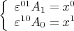 $$\left\{
\begin{array}{rcl}
 \varepsilon^{01}A_1=x^0 \\
 \varepsilon^{10}A_0=x^1 \\
\end{array}
\right.$$