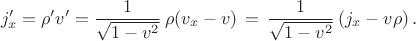 $$j'_x=\rho'v'=\frac{1}{\sqrt{1-v^2}}\,\rho(v_x-v)\,=\,\frac{1}{\sqrt{1-v^2}}\,(j_x-v\rho)\,.$$