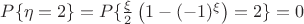 $ P \{ \eta = 2 \} = P \{ \frac{\xi}{2} \left( 1 - (-1)^{\xi} \right) = 2 \} = 0 $