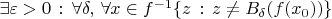 $\exists \varepsilon>0\,:\,\forall\delta,\,\forall x\in f^{-1}\{z\,:\,z\ne B_\delta(f(x_0))\}$