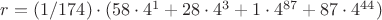 $r = (1/174) \cdot ( 58 \cdot 4^1 + 28\cdot4^3 + 1\cdot4^{87} + 87\cdot4^{44})  $