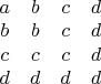 $ \begin{array}{cccc} a & b& c & d\\ b & b &c &d\\ c & c &c &d\\d&d&d&d\end{array}$