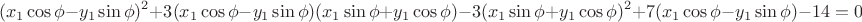 $$(x_1\cos\phi-y_1\sin\phi)^2+3(x_1\cos\phi-y_1\sin\phi)(x_1\sin\phi+y_1\cos\phi )-3(x_1\sin\phi+y_1\cos\phi )^2+7(x_1\cos\phi-y_1\sin\phi)-14=0$$