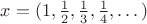 $x=(1,\frac 1 2,\frac 1 3,\frac 1 4,\dots)$
