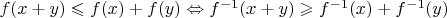 $f(x+y) \leqslant f(x)+f(y) \Leftrightarrow f^{-1}(x+y) \geqslant f^{-1}(x)+f^{-1}(y)$