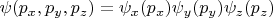 $\psi(p_x, p_y, p_z) = \psi_x(p_x) \psi_y(p_y) \psi_z(p_z)$
