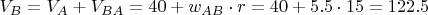 $V_B=V_A+V_{BA}=40+w_{AB}\cdot r=40+5.5 \cdot 15=122.5$