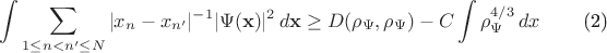 \begin{equation}
\int \sum _{1\le n<n'\le N} |x_n-x_{n'}|^{-1}|\Psi (\mathbf{x}) |^2 \, d\mathbf{x}\ge
D(\rho_\Psi, \rho_\Psi) - C\int \rho_\Psi^{4/3}\,dx 
\tag{2}
\end{equation}