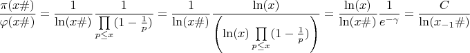 $$\frac{\pi(x\#)}{\varphi(x\#)}=\frac{1}{\ln(x\#)}\frac{1}{\prod\limits_{p \le x} (1-\frac{1}{p})}=\frac{1}{\ln(x\#)}\frac{\ln(x)}{\left (\ln(x)\prod\limits_{p \le x} (1-\frac{1}{p})\right )}=\frac{\ln(x)}{\ln(x\#)}\frac{1}{e^{-\gamma}}=\frac{C}{\ln(x_{-1}\#)}$$