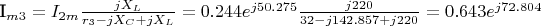 I_{m3}=I_{2m}\frac {jX_L} {r_3-jX_C+jX_L}=0.244e^{j50.275}\frac {j220} {32-j142.857+j220}=0.643e^{j72.804}