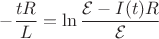 $-\dfrac{tR}{L}=\ln\dfrac{\mathcal{E}-I(t)R}{\mathcal{E}}$ $-\dfrac{tR}{L}=\ln\dfrac{\mathcal{E}-I(t)R}{\mathcal{E}}$