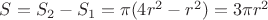 $S=S_2-S_1=\pi (4r^2-r^2)=3\pi r^2$ $S=S_2-S_1=\pi (4r^2-r^2)=3\pi r^2$