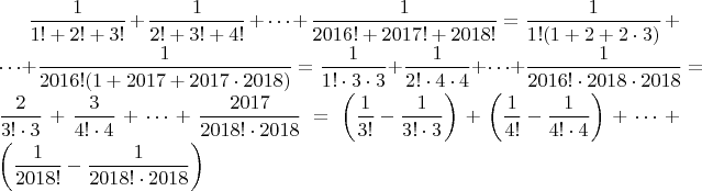 $\dfrac{1}{1!+2!+3!}+\dfrac{1}{2!+3!+4!}+\cdots+\dfrac{1}{2016!+2017!+2018!}=\dfrac{1}{1!(1+2+2\cdot3)}+\cdots+\dfrac{1}{2016!(1+2017+2017\cdot2018)}=\dfrac{1}{1!\cdot3\cdot3}+\dfrac{1}{2!\cdot4\cdot4}+\cdots+\dfrac{1}{2016!\cdot2018\cdot2018}=\dfrac{2}{3!\cdot3}+\dfrac{3}{4!\cdot4}+\cdots+\dfrac{2017}{2018!\cdot2018}=\left(\dfrac{1}{3!}-\dfrac{1}{3!\cdot3}\right)+\left(\dfrac{1}{4!}-\dfrac{1}{4!\cdot4}\right)+\cdots+\left(\dfrac{1}{2018!}-\dfrac{1}{2018!\cdot2018}\right)$