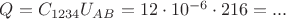 $Q=C_{1234}U_{AB}=12\cdot10^{-6}\cdot 216=...$
