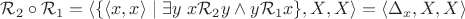 $\mathcal{R}_2 \circ \mathcal{R}_1=\langle \{\langle x, x \rangle \mid \exists y \ x \mathcal{R}_2 y \land y \mathcal{R}_1 x \},X,X \rangle=\langle \Delta_x,X,X \rangle$