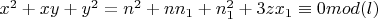 $x^2+xy+y^2=n^2+nn_1+n_1^2+3zx_1\equiv 0 mod (l)$