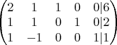 $\begin{pmatrix} 2 & 1 & 1 & 0 & 0 | 6 \\  
1 & 1 & 0 & 1 & 0 | 2 \\  
1 & -1 & 0 & 0 & 1| 1
\end{pmatrix}$