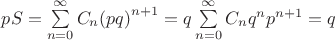 $pS = \sum\limits_{n=0}^{\infty}C_n {(pq)}^{n+1} = q\sum\limits_{n=0}^{\infty}C_n q^n p^{n+1} = q$