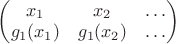 $\left(\begin{matrix}x_{1} & x_{2} & \ldots\\
g_{1}(x_{1}) & g_{1}(x_{2}) & \ldots
\end{matrix}\right)$