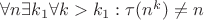 $\forall n \exists k_1 \forall k>k_1:\tau(n^k)\not = n$
