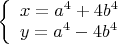 $\[
\left\{ \begin{array}{l}
 x = a^4  + 4b^4  \\ 
 y = a^4  - 4b^4  \\ 
 \end{array} \right.
\]
$