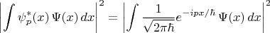 $$\left|\int\psi_p^*(x)\,\Psi(x)\,dx\right|^2=\left|\int\dfrac{1}{\sqrt{2\pi\hbar}}e^{-ipx/\hbar}\,\Psi(x)\,dx\right|^2$$