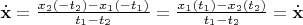 $\dot{\mathbf{x}}=\frac{x_2(-t_2)-x_1(-t_1)}{t_1-t_2}=\frac{x_1(t_1)-x_2(t_2)}{t_1-t_2}= \dot{\mathbf{x}}$