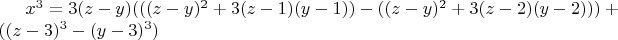 $x^3=3(z-y)(((z-y)^2+3(z-1)(y-1))-((z-y)^2+3(z-2)(y-2)))+((z-3)^3-(y-3)^3)$