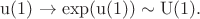 $\mathrm{u}(1)\to\exp(\mathrm{u}(1))\sim\mathrm{U}(1).$