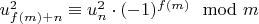 $u^2_{f(m)+n} \equiv u^2_n\cdot (-1)^{f(m)} \mod m$