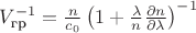 $V_{\text{гр}}^{-1} = \frac{n}{c_0}\left( 1 + \frac{\lambda}{n}\frac{\partial n}{\partial\lambda}\right)^{-1}$
