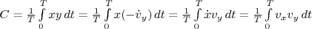 $C=\frac 1 T\int\limits_0^T x y\, dt=\frac 1 T\int\limits_0^T x (-\dot v_y)\,dt=\frac 1 T\int\limits_0^T \dot x v_y\,dt=\frac 1 T\int\limits_0^T v_x v_y\,dt$