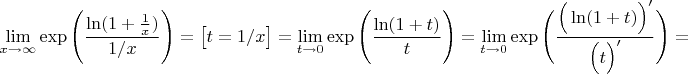 $$\lim\limits_{x \to \infty}\exp{\Biggr( {\dfrac{\ln(1 + \frac{1}{x})}{1/x}}\Biggr)}=\big[t=1/x\big]=\lim\limits_{t \to 0}\exp{\Biggr( {\dfrac{\ln(1 + t)}{t}}\Biggr)}=\lim\limits_{t \to 0}\exp{\Biggr( {\dfrac{\Big(\ln(1 + t)\Big)'}{\Big(t\Big)'}}\Biggr)}=$$