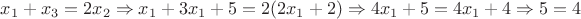 $x_1 + x_3= 2x_2 \Rightarrow x_1 + 3x_1+5 = 2(2x_1+2) \Rightarrow 4x_1 + 5 = 4 x_1 +4 \Rightarrow 5=4$