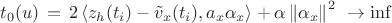 \[
t_0 (u)\, = \,2\left\langle {z_h (t_i ) - \tilde v_x (t_i ),a_x \alpha _x } \right\rangle  + \alpha \left\| {\alpha _x } \right\|^2 \,\, \to \inf 
\]