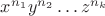 $x^{n_1}y^{n_2}\dots z^{n_k}$
