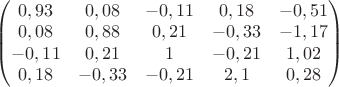\begin{pmatrix} 0,93 & 0,08 & -0,11& 0,18 & -0,51\\ 0,08 & 0,88 & 0,21& -0,33& -1,17 \\ -0,11& 0,21& 1& -0,21& 1,02 \\ 0,18 & -0,33& -0,21& 2,1& 0,28\end{pmatrix}